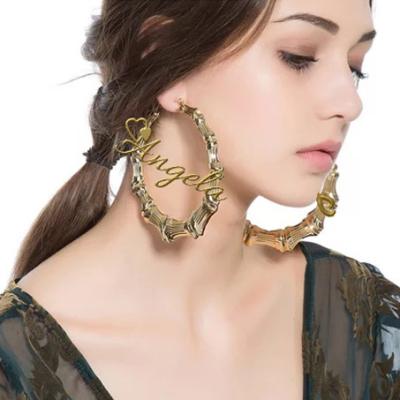 China 2020 Fashion Yiwu Factory Big Hoop Trendy Bamboo Hoop Earrings Custom Name Shape For Women for sale