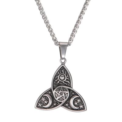 China Romantic Antique Silver Plated Triquetra Necklace Viking Triple Moon Goddess Stainless Steel Necklace For Men for sale