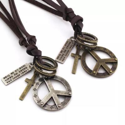 China FASHIONABLE Men's Gold Alloy Cross Vintage Peace Sign Pendant Genuine Leather Adjustable Collar Necklace for sale