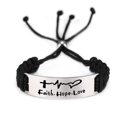 China Custom Stainless Steel Red Black Rope Permanent Charm Men's Bracelet Casual/Sporty Jesus Bible Quote Words Braided for sale