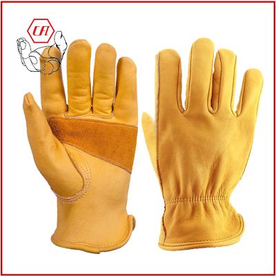 China Floral Leather Driver Gloves Cow Grain Trapezoidal Rigger Thumb Anti-Abrasion Leather Garden Gloves for sale