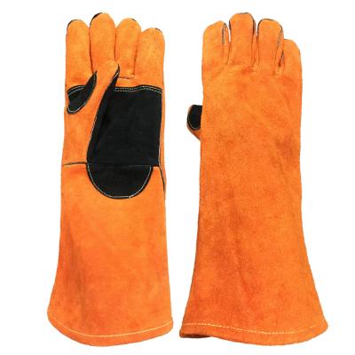 China Anti-Heat 16 Inches Lined Cow Palm Reinforced Fleece Split Leather Welding Gloves Heat Resistant for sale