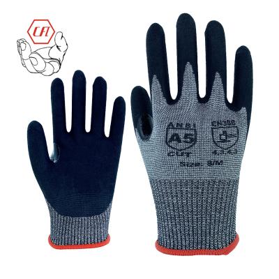 China Industrial Anti-cut Oilfield ANSI A5 Cut Heavy Duty Steel HPPE Sandy Nitrile Thumb Crotch Reinforced Safety Work Gloves for sale