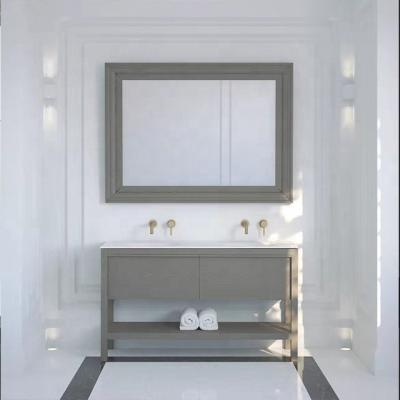 China Wholesale High Quality Modern Style Double Sink Bathroom Vanity Cabinet With Mirror Made By Solid Wood for sale