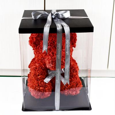 China Recycled Materials 18Cm/28Cm/38Cm Rose Bear 2022 Gift Flower Transparent Plastic Box for sale