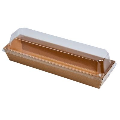 China Recycled Materials Takeaway Food Grade Kraft Paper Box Tray Rectangular Kraft Paper Container With Clear Plastic Lid for sale