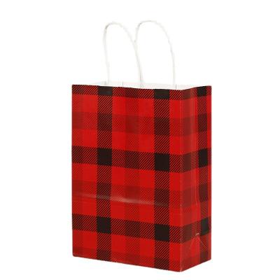 China Recycled Materials Red And Black Grid Kraft Paper Bag With Handle Customized Paper Shopping Bags Personalized for sale