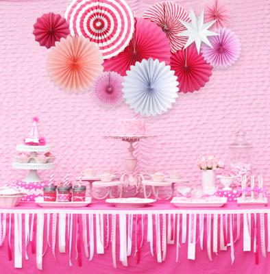 China New Disposable Pink Eco-friendly Paper Fan Party Decoration Set Of Birthday Wedding Party Supplies Fan Tissue Wallpaper for sale