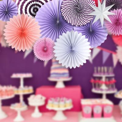 China Best Seller Disposable Purple Birthday Wedding Eco-friendly Shower Party Supplies Fan Tissue Wallpaper Paper Fan Party Decoration Factory for sale