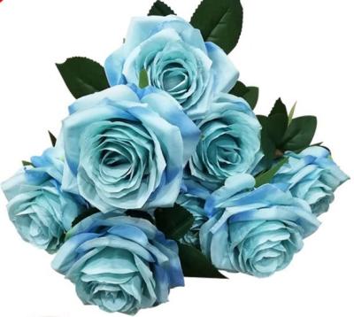 China Artificial Rose Bouquet Handmade Blue Wedding Flower Arrangement 10 Heads Silk Flower On Sale Eco-friendly Factory for sale