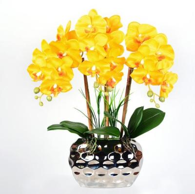 China New Design PVC Real Fake Touch Potted Artificial Butterfly Orchid Orchid With Leaves In Silver Pot For Hotel Office Table Decoration for sale