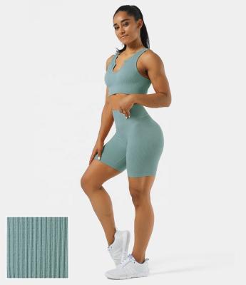 China Custom Size Plus Size Gym 2 Pcs Set Breathable Fitness Activewear Seamless Breathable Ribbed Knit Tank Top And Booty Shorts Yoga Cycling Set for sale