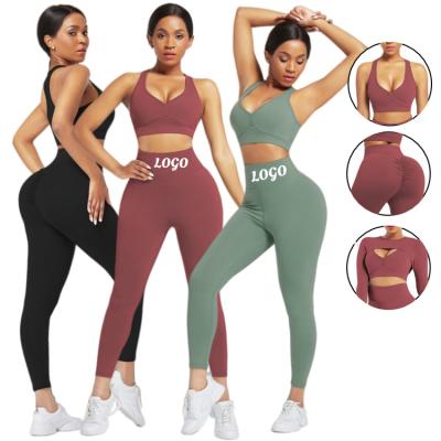 China Seamless Breathable Women Gym Suit Workout Yoga Set High Waist Leggings Shorts Bra Gym Fitness Sets Long Sleeve Yoga Crop Top Sets Of 3 parts for sale