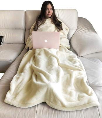 China Anti-pilling Super Soft Thick Wearable Microfiber Snuggie TV Blanket For Adults With Sleeves And Pouch for sale