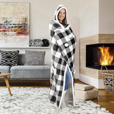 China Wholesale Adult Women Sherpa Double Layer Anti-pilling Throw Blanket With Sleeves And Hood for sale