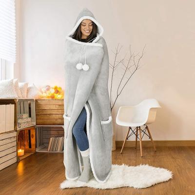 China Winter High Quality Anti-pilling Thermal Fleece Adult Wearable Hooded Throw Blankets for sale