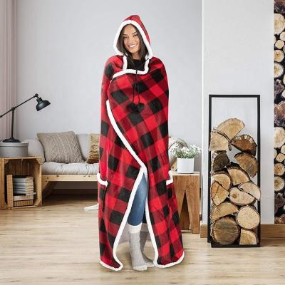 China Anti-pilling High Quality Red Plaid Custom Deep Wrap TV Fleece Hooded Blanket For Adults for sale