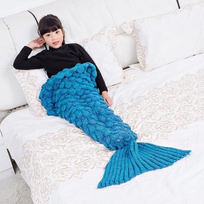 China Sea Blue Anti-pilling Crocheted Soft Wearable Mermaid Tail Sofa Knitting Blanket For Kids for sale