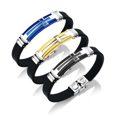 China Environmentally Friendly European Titanium Steel Cross Men's Silicone Hand Bangle Bracelet for sale