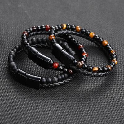 China Environmental Friendly Natrual Stones Men Jewelry Punk European Style Multilayer Leather Bracelet for sale