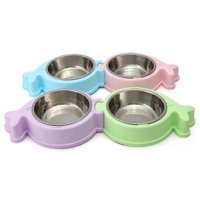 China Sustainable Detachable 2 In 1 Plastic With Stainless Steel Fish Shaped Pet Feeder Cat Basin Dog Bowl for sale