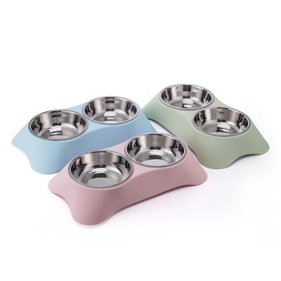 China Stainless Steel PP Pet Supplies Pet Supplies Bowl Stainless Steel PP Plastic Non-slip Double Feeder Easy Viable Clean Cat Dog Bowl for sale