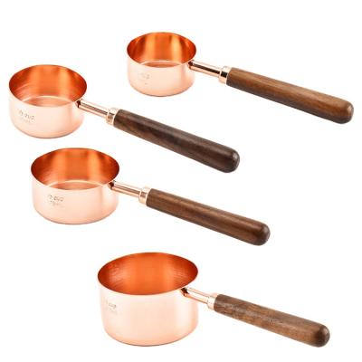 China Viable Customized Measuring Scoop and Stainless Steel Spoon Set 8 Piece Rose Gold Wooden Handle Measuring Spoons for sale