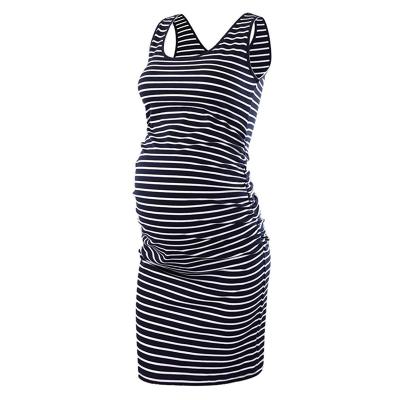 China Fashion Dress Midi Stripe Anti-allergy Pregnancy White And Black Stripes Print Casual Maternity Dress Stripe Maternity Dress for sale