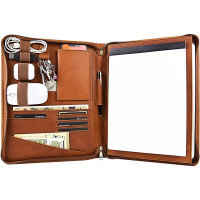 China Real Leather Hardcover Book Folder for A4 Zippered Notebook Organizer Resume Documents Storage Padfolios Business for sale