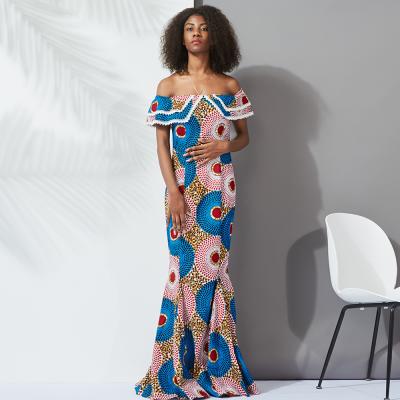 China Modern Cotton African Dresses Ankara Print Wax Fabric Dress Women Off The Shoulder Mermaid Dress With Ruffle for sale