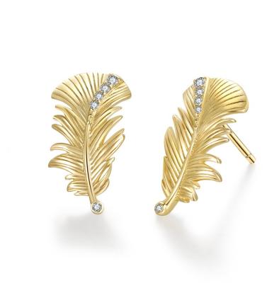 China High Quality 925 Sterling Silver Gold Plated Fashion Jewelry Fine Crystal Cz Zircon Stone Stud Earrings Feather Leaf for sale