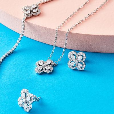 China FASHIONABLE Customized Silver Jewelry Set 925 Ring Necklace Cubic Zircon Sterling Flower Rhodium Dish Stud Earring Jewelry Set for sale