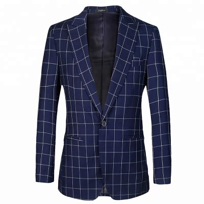 China New Design Anti Shrink Peaked Lapel One Button Mens Blazer Leisure Casual Dark Blue Checked Blazers For Men for sale