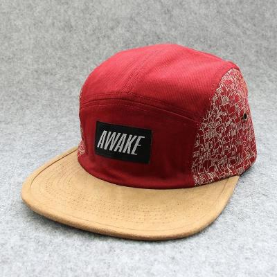 China Custom Red 5 Panel JOINT With Woven Back Label Leather Strap Caps With Metal Buckle for sale