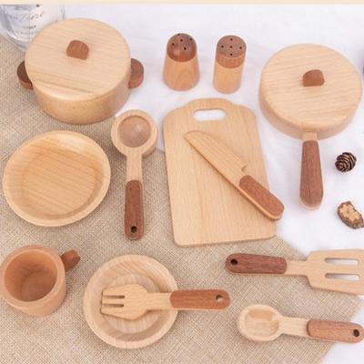 China New Eco-friendly Toy Wooden Pretend Play Natural Wooden Tableware Set Color Kids Kitchen Set Toys Wooden Western Tableware for sale