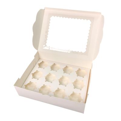 China Recycled Materials Wholesale 12 Pack Cupcake Boxes White Cardboard Pastry Cup Cake Box Sweet Dessert Packaging With Window for sale