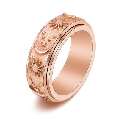 China Anti-allergic / Never Fade / No Rust Vintage 18K Gold Plated Rose Gold Stainless Steel Star Moon Sun Rotatable Rings Relieve Stress Rings for sale