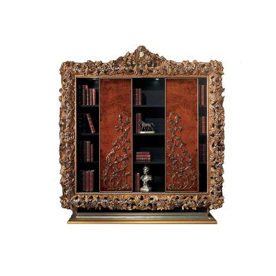 China Hand Carved Flowers Italy High Quality Luxury Solid Wood Carved Bookcase Cabinet With Desk for sale