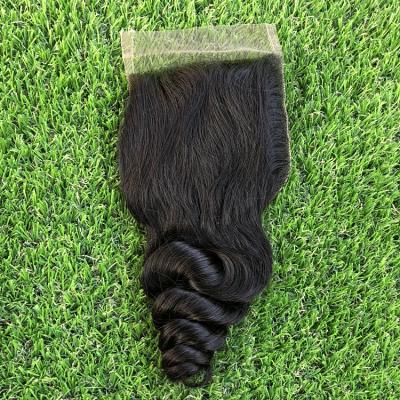 China Loose Wave 100% Handmade Un Processed Closure With Baby Hair Swiss Lace Closure for sale