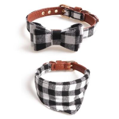 China Amazon Sales DETACHED Cotton Dog Collar Top Bow Tie and Triangular Pet Bandana with Leather Pet Leash for sale