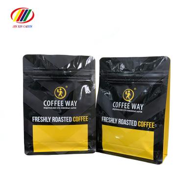 China Flat Bottom Aluminum Matte Moisture Proof Laminated Black Custom Printed Coffee Bags 250g With Valve Te koop