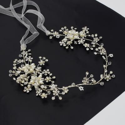 China Long Ribbon Crystal Pearl Metal Copper Headband Double Wire Bridal Headband Crystal Bridal Headband for sale