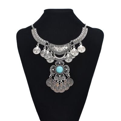 China Fashion TRENDY Bohemian Vintage Metal Statement Necklace Silver Flowers Coins Tassel Jewelry Choker Necklace for sale