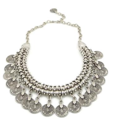 China Bohemian Gypsy Bib Chunky Statement Fringe Turkish Necklace BOHEMIA Love Adventure Necklace Silver Coin Choker for sale