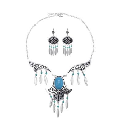 China BOHEMIA Vintage Bohemian Blue Beaded Tassel Necklace Earring Set Party Ornament Ethnic Gypsy Jewelry Set for sale