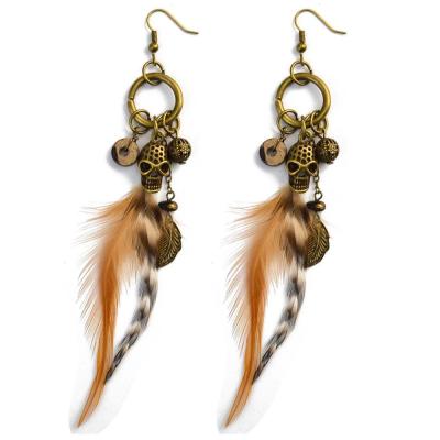 China BOHEMIA Feather Bohemian Earrings Exaggerated Long Skull Dangle Drop Earring Punk Style for sale