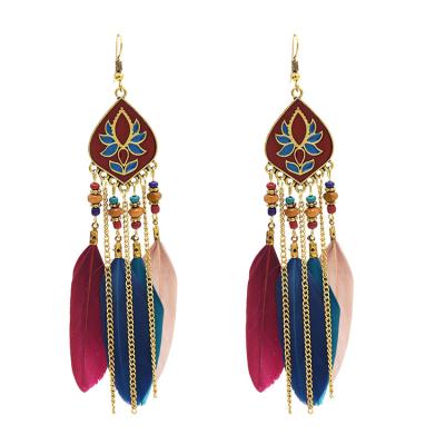 China BOHEMIA 4 Colors Alloy Tassel Pearl Feather Bohemian Trendy Earrings For Women Jewelry Design for sale