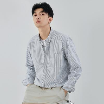 China Breathable 2022 Men's Grey Pinstripe Long Sleeve Shirt Men's Fall Business Casual Formal High-count cotton Shirt for sale