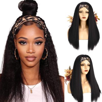 China Curly Straight Yaki Headband Wigs For Women Natural Looking Straight Synthetic Yaki Hair Wig With Black Headband for sale