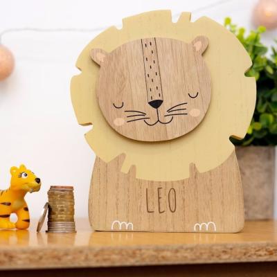 China Personalised Engraved Lion Money Box Bank Kids Savings Pocket Money Piggy Bank  Wooden Animal Money Box Gift for Babies for sale